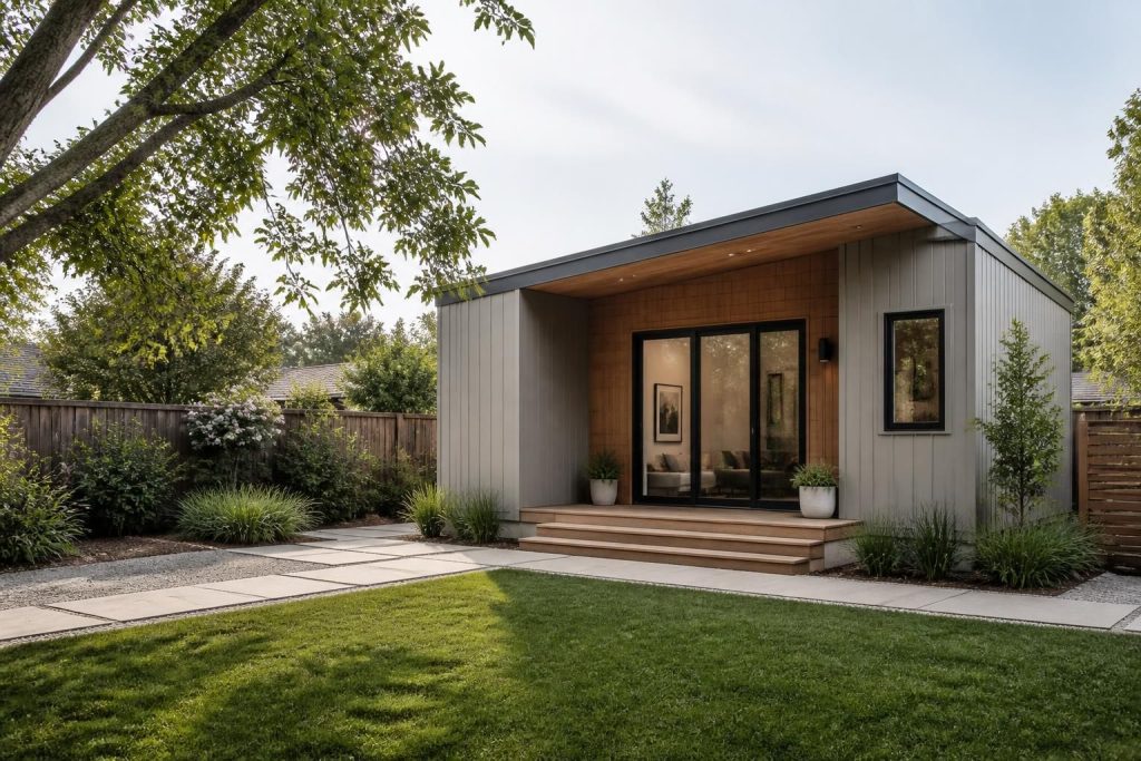 Modern backyard ADU exterior with landscaped surroundings in soft daylight.