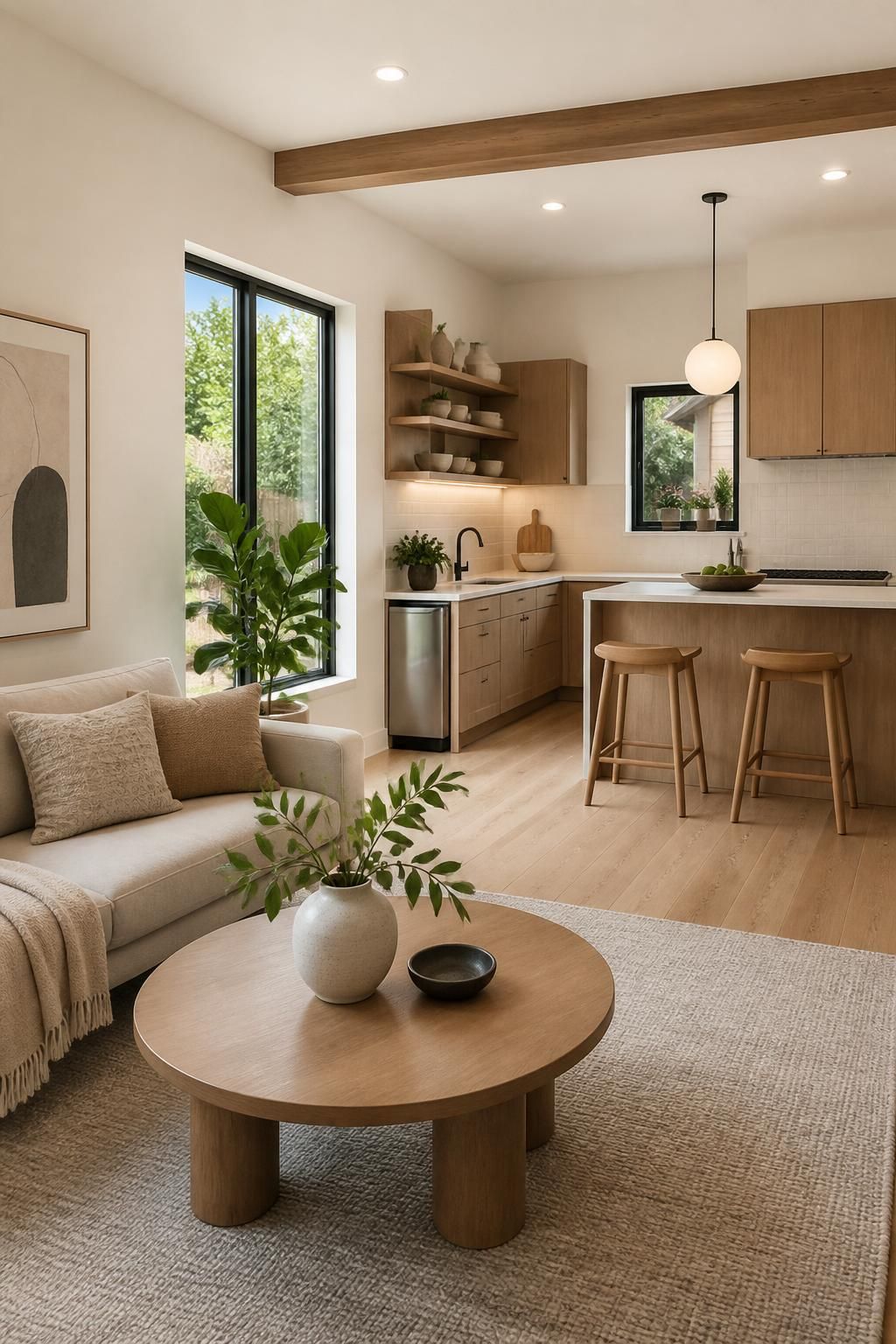Bright modern ADU interior with kitchenette and natural light.